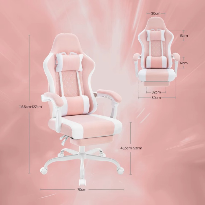 Gaming Stoel - Massage Gaming Stoel - Bureaustoel - Swivel Stoel - met Voetsteun - Hoofdsteun - Verstelbare - Rugleuning - Lendenkussen - Ergonomische - Draaibare - 70 x 70 x 127 cm - Wit & Roze
