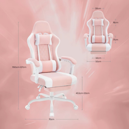Gaming Stoel - Massage Gaming Stoel - Bureaustoel - Swivel Stoel - met Voetsteun - Hoofdsteun - Verstelbare - Rugleuning - Lendenkussen - Ergonomische - Draaibare - 70 x 70 x 127 cm - Wit & Roze