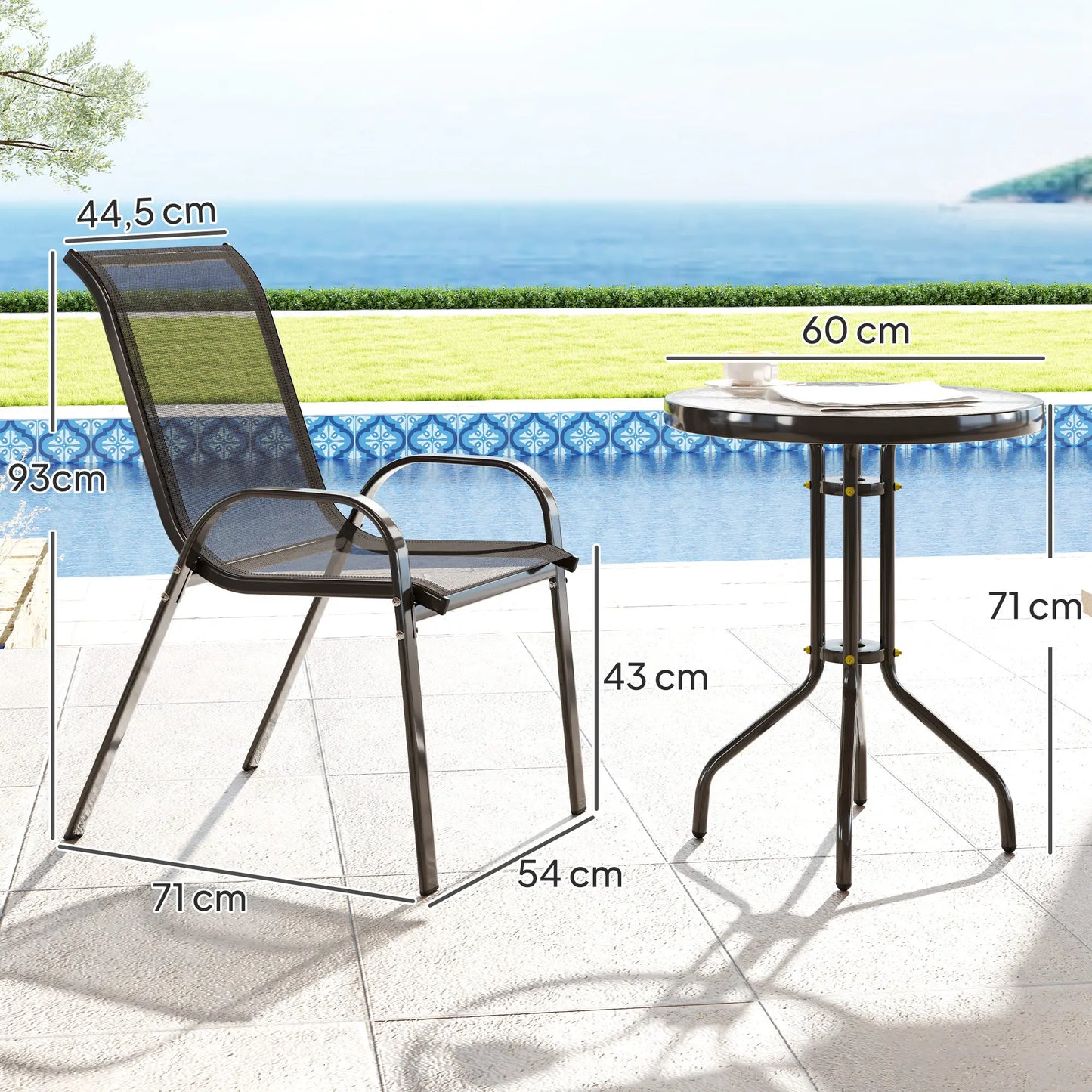 Tuinmeubelset - Tuinset - Bistroset - Tuintafel met Stoelen - Balkonset met Kussen - Glas Tafelblad - Stoelen & Tafel - voor Tuin - Terras - Balkon - Buiten - Metaal - Zwart