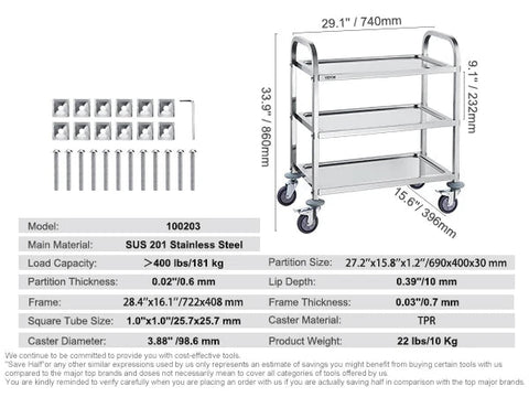 Laboratoriumkar - Wagen - Kar - Roestvrij Staal - 3 Lagen - Lab Utility Cart Medische Kar - met Vergrendelbare Universele Wielen - Lab Kliniek Keuken Salon