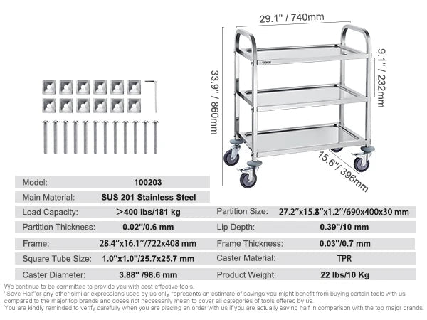 Laboratoriumkar - Wagen - Kar - Roestvrij Staal - 3 Lagen - Lab Utility Cart Medische Kar - met Vergrendelbare Universele Wielen - Lab Kliniek Keuken Salon