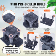 Kattenboom - Krabpaal Plafond - voor Binnenkatten – Kattenmeubel met 2 Kattenhuisjes - Sisal Krabpalen -  Activiteitencentrum - 160 cm - 7 lagen - Donkergrijs