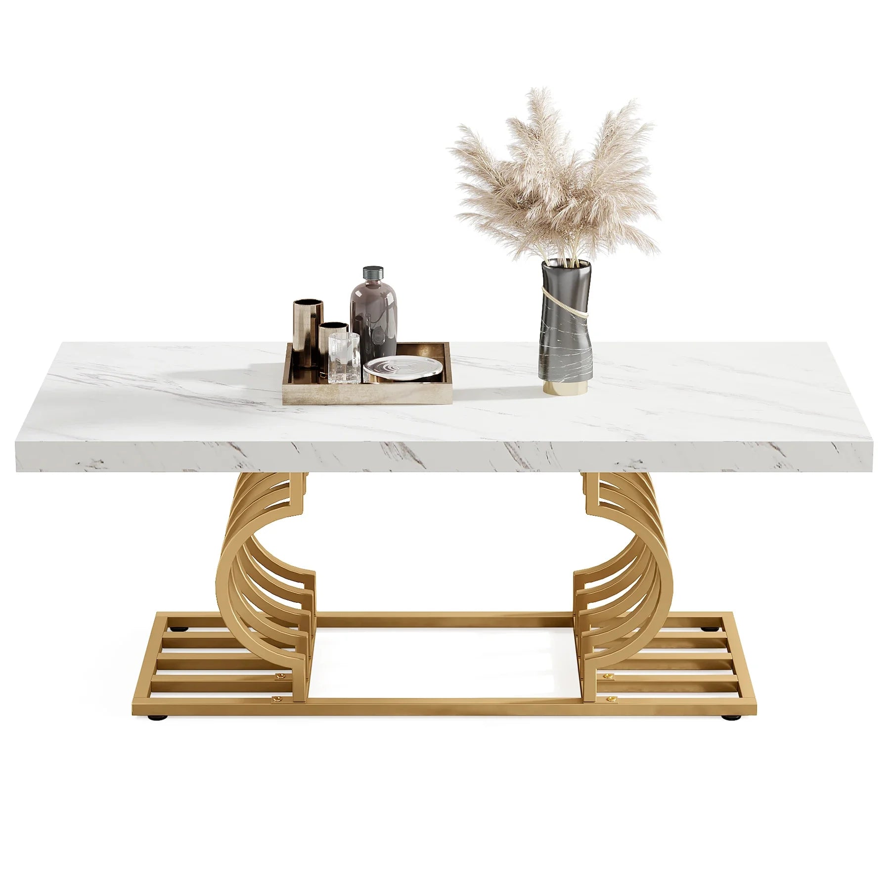 Salontafel – Koffietafel – Bijzettafel – Woonkamertafel – Tafel – Marmerlook Tafelblad – Geometrisch Metalen Frame – 120x60 cm – Lichtgewicht Design - QUORE