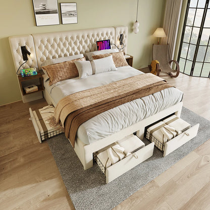 Gestoffeerd Bed – Tweepersoonsbed – Opbergbed – Bed met Nachtkastjes – Fluwelen Bed – 180x200 cm – Met Leeslampjes en USB Oplaadfunctie - QUORE