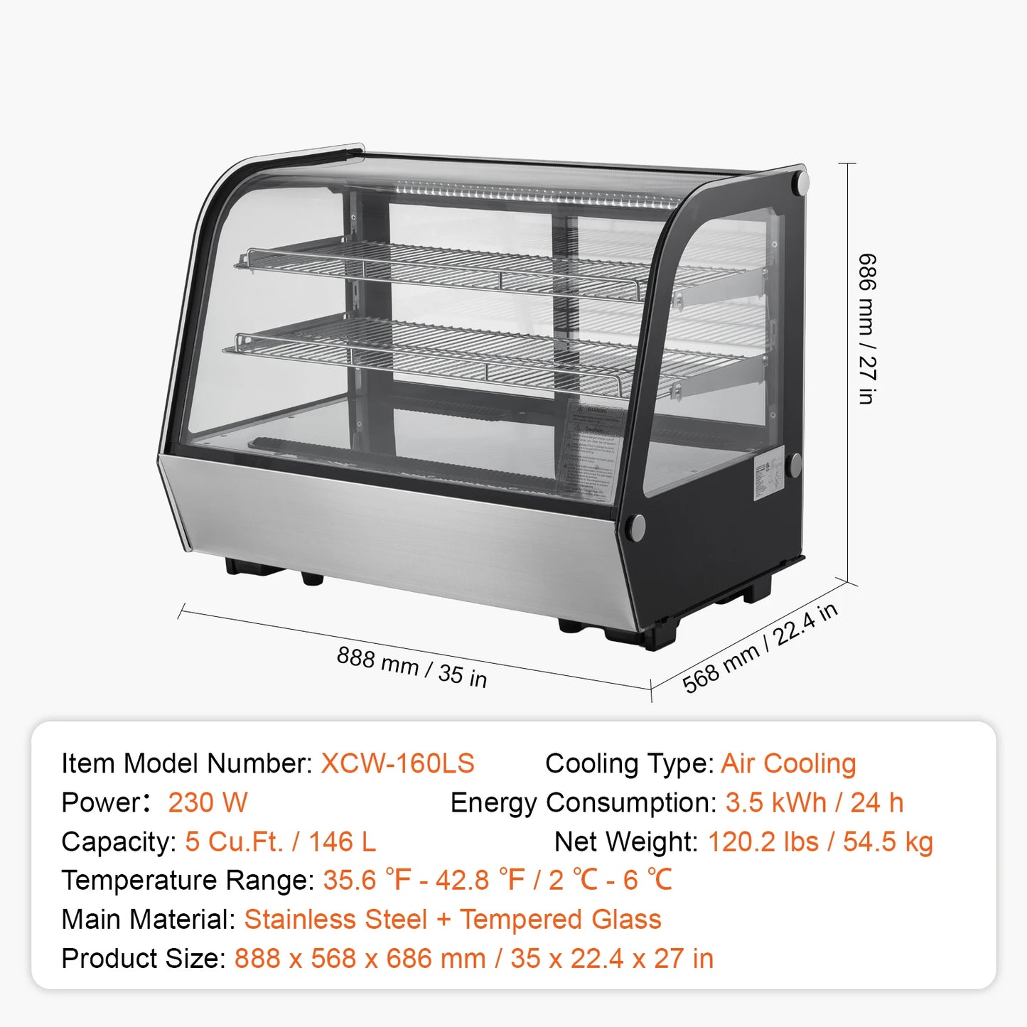 Gekoelde Displaykast – Koelvitrine – Koelkast – Presentatiekast – Bakkerskast – 278 Liter Inhoud – LED-Verlichting - 5 Kubieke Voet Boog