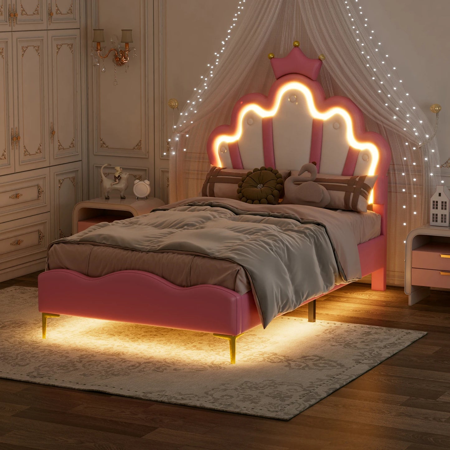 Kinderbed – Prinsessenbed – Eenpersoonsbed – Meisjesbed – Kinderbedframe – Kroonvormig Hoofdeinde – Fluwelen Bekleding – Afmeting 90x200 cm