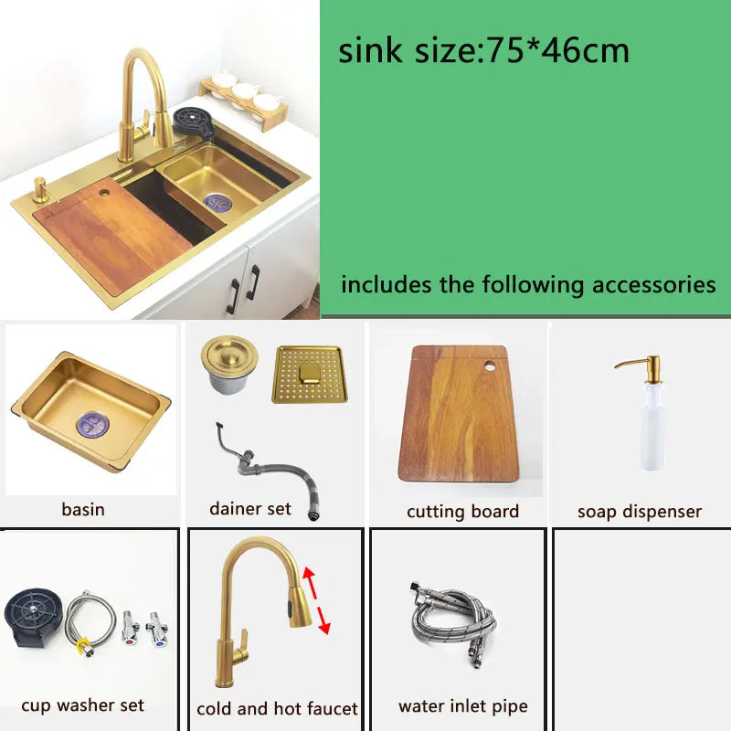gold Waterfall faucet kichen sink Nano sink 304 Stainless Steel Golden Topmount Single Bowl Wash Basin 4 function kitchen faucet - QUORE