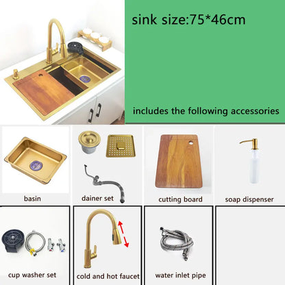 gold Waterfall faucet kichen sink Nano sink 304 Stainless Steel Golden Topmount Single Bowl Wash Basin 4 function kitchen faucet - QUORE