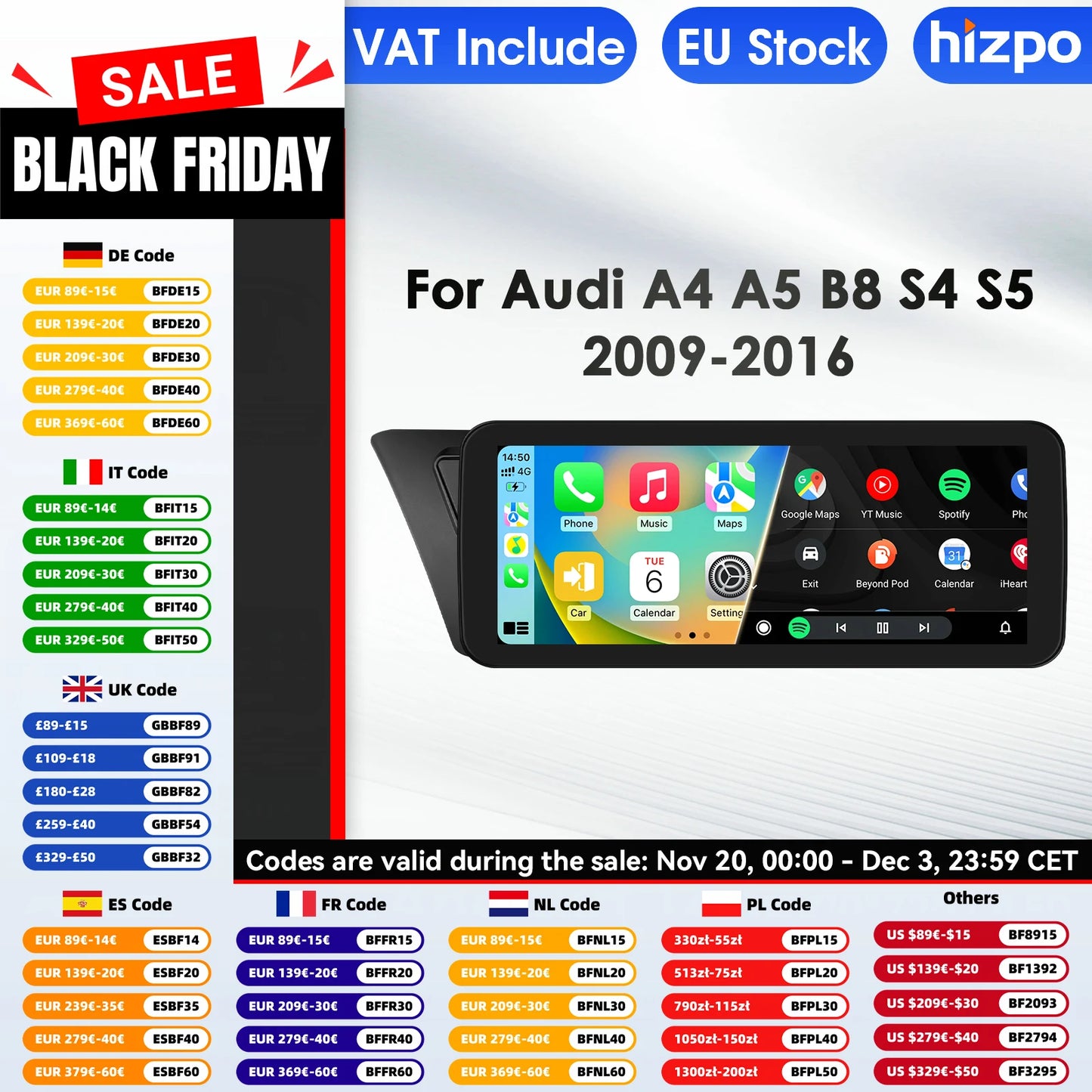 Hizpo AI Voice WIFI 4G-LTE Android 13 Car Radio for Audi A4 A5 B8 S4 S5 2009-2016 Multimedia Video Player GPS 2din BT Autoradio