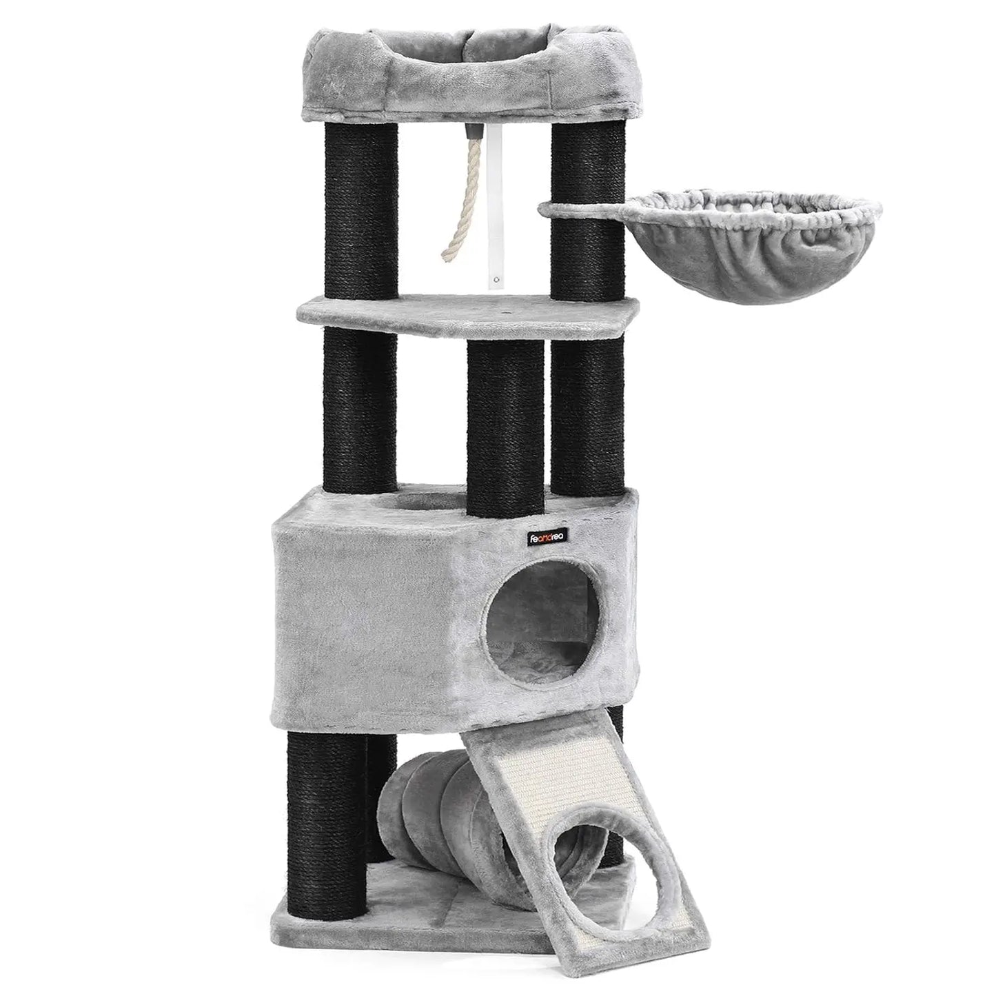 Krabpaal - voor Grote Katten - Kattenpaal - met Hangmat - 141 cm - Meerdere Verdiepingen - Stabiele Basis Cave - Krabplank - Dikke Sisal Kolommen - Arbre a Chat - Hoge Stabiliteit - Zachte Pluche Kussens - Grijs - QUORE
