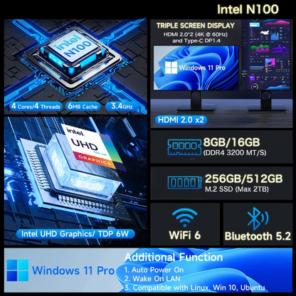 Mini PC – Mini Desktop – Compacte Computer – Kleine Pc – Desktop PC – Intel Alder Lake N100 Processor – Dual 4K HDMI Uitgangen - 8GB RAM - 256GB ROM - Zwart