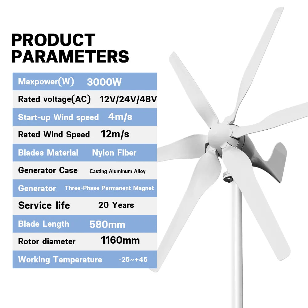 3000W Windmill 12V 24V 48V 6 Blades Wind Turbine Generator With MPPT Controller Low Start Wind Speed Free Energy Home Appliance