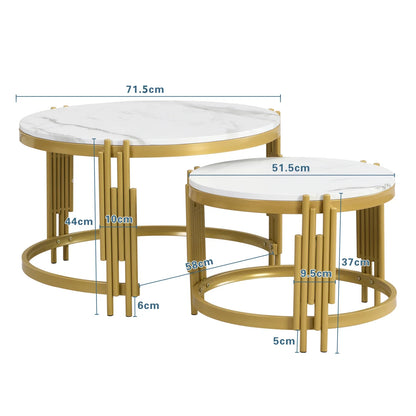 Salontafel – Koffietafel – Bijzettafel – Woonkamertafel – Ronde Tafel – 2-in-1 Set – Marmerlook MDF Blad – Goud Metalen Frame