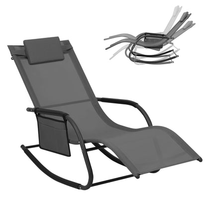 Tuinligstoel - Ligstoel - Outdoor Loungestoel - Schommelstoel - Campingstoel - Inklapbaar - Zonnebed - met Zijvak - en Hoofdkussen - 152x83x62cm -voor Balkon - Tuin - Terras - Strand - Zwembad - Grijs
