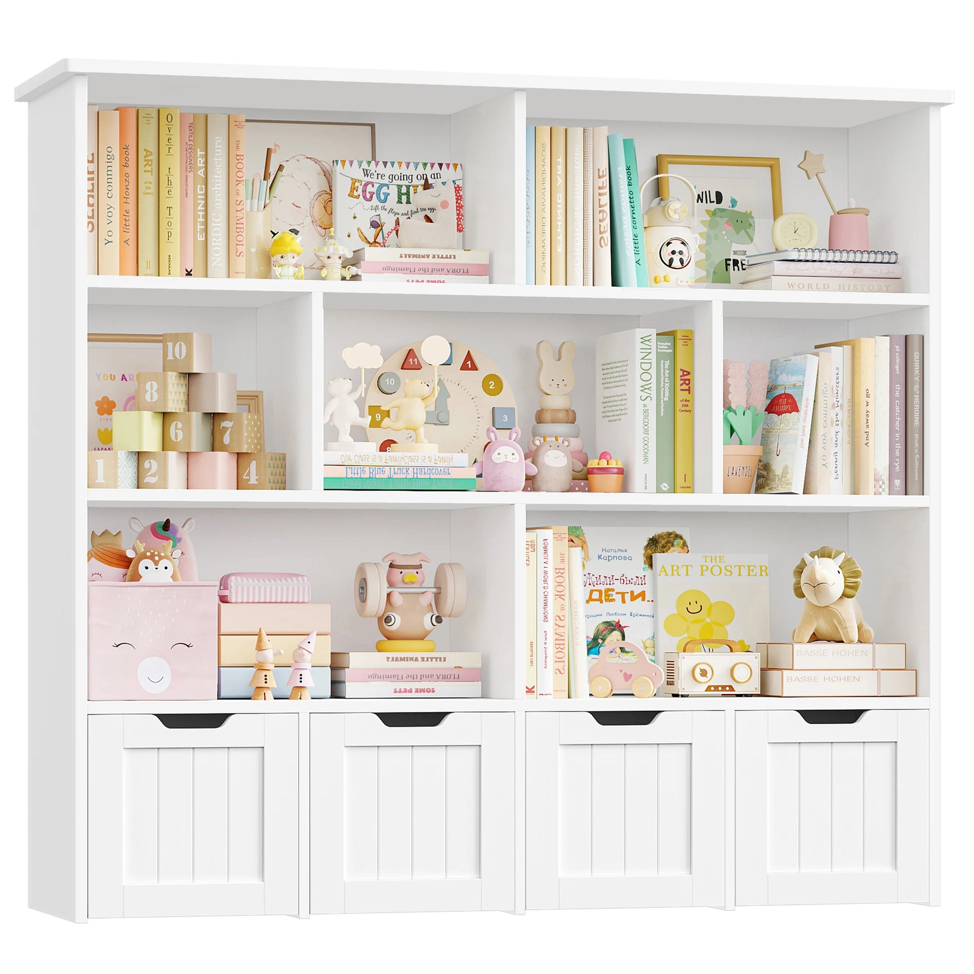 Speelgoedopberger – Speelgoedkast – Kinderboekenkast – Opbergrek – Speelgoed Organizer – Wit – Ruim Met 8 Open Vakken En 4 Lades Op Wieltjes – Gemaakt Van Stevig Hout - QUORE