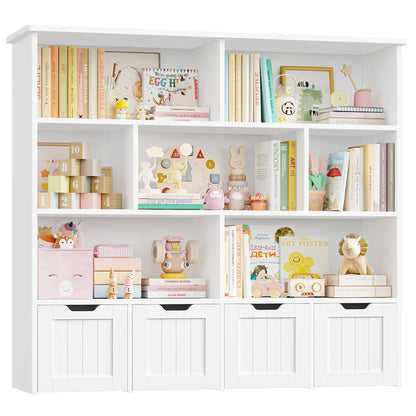 Speelgoedopberger – Speelgoedkast – Kinderboekenkast – Opbergrek – Speelgoed Organizer – Wit – Ruim Met 8 Open Vakken En 4 Lades Op Wieltjes – Gemaakt Van Stevig Hout - QUORE