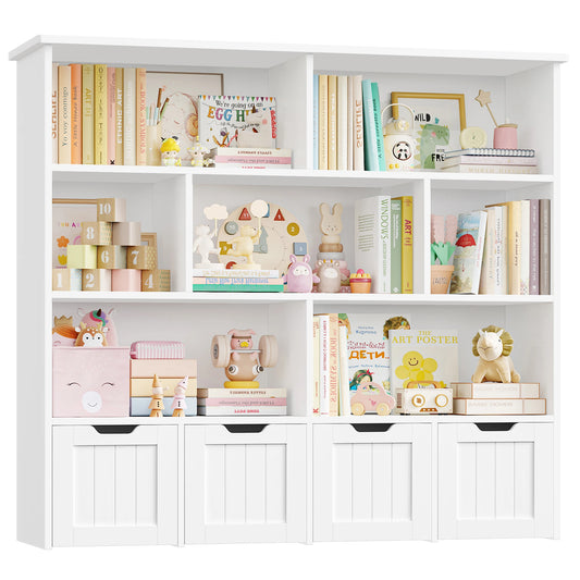 Speelgoedopberger – Speelgoedkast – Kinderboekenkast – Opbergrek – Speelgoed Organizer – Wit – Ruim Met 8 Open Vakken En 4 Lades Op Wieltjes – Gemaakt Van Stevig Hout - QUORE