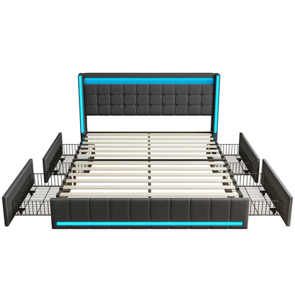 Bedkast – Bed Met Opbergruimte – Bed Met Lade – Bed Met USB – Bed Met Stopcontact – Led-Verlichting – Robuuste Houten Constructie - 160 x 200 cm - Donkergrijs