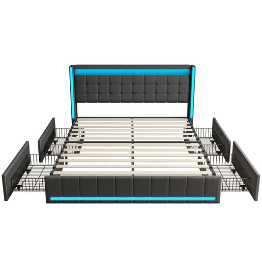 Bedkast – Bed Met Opbergruimte – Bed Met Lade – Bed Met USB – Bed Met Stopcontact – Led-Verlichting – Robuuste Houten Constructie - 160 x 200 cm - Donkergrijs