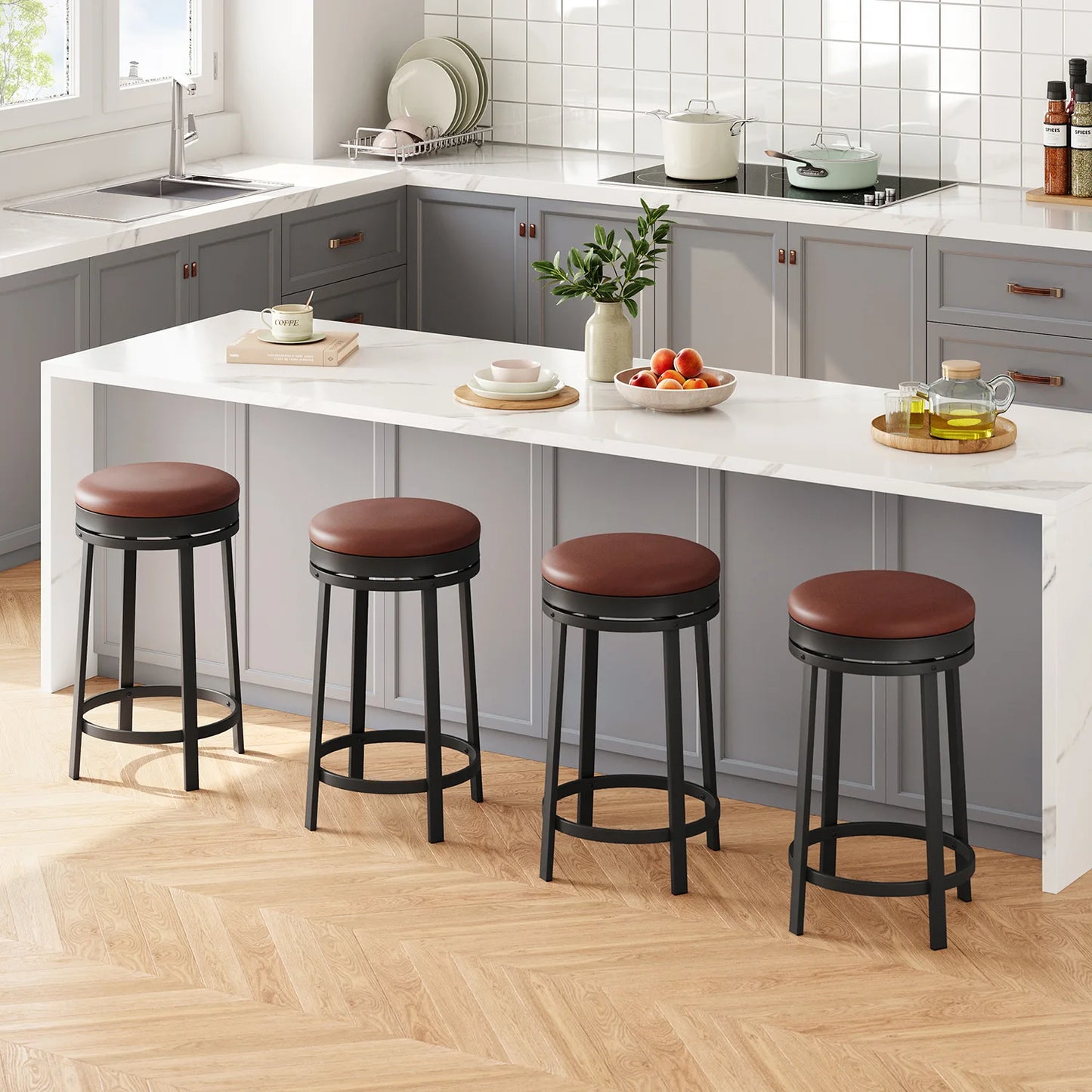 Barkrukken – Barstoelen – Keukenstoelen – Draaibare Krukken – Counter Krukken – Set Van 4 – PU Leer Zitting – 360° Draaibaar