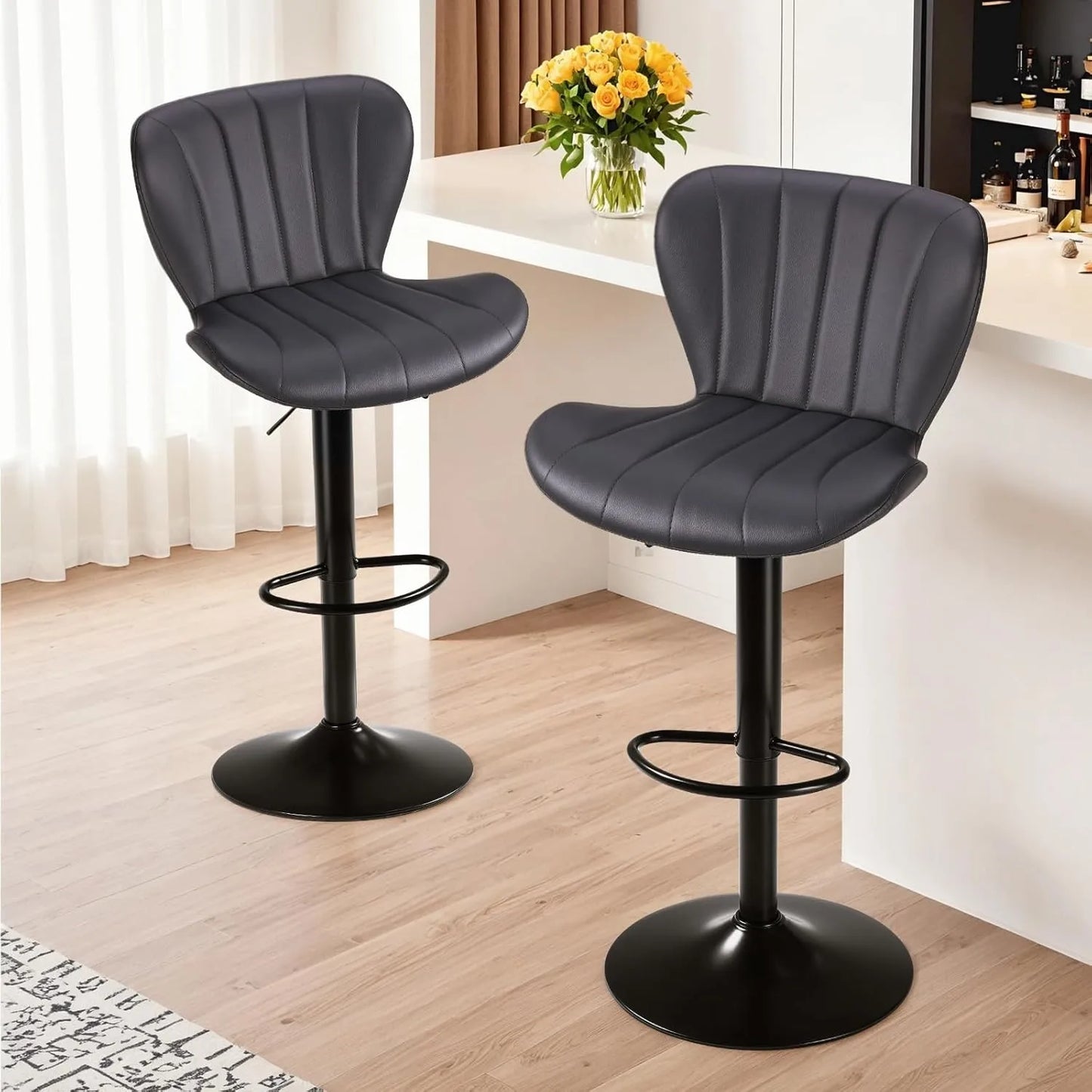 Barstoelen – Barkrukken – Keukenstoelen – Hoge Stoelen – Barstoelen Set 2 Stuks – Verstelbare Zithoogte – 360° Draaibaar – PU Leer – Roestvrij Stalen Frame - Grijs