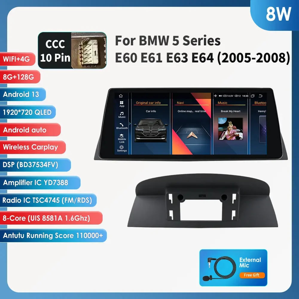 2DIN Android Autoradio – Multimedia Systeem – Navigatie Unit – Touchscreen Radio – Auto Entertainment – 10,33 Inch QLED Scherm – 8GB RAM 128GB Opslag – GPS & CarPlay Support – BMW E60 05-08 CCC Variant