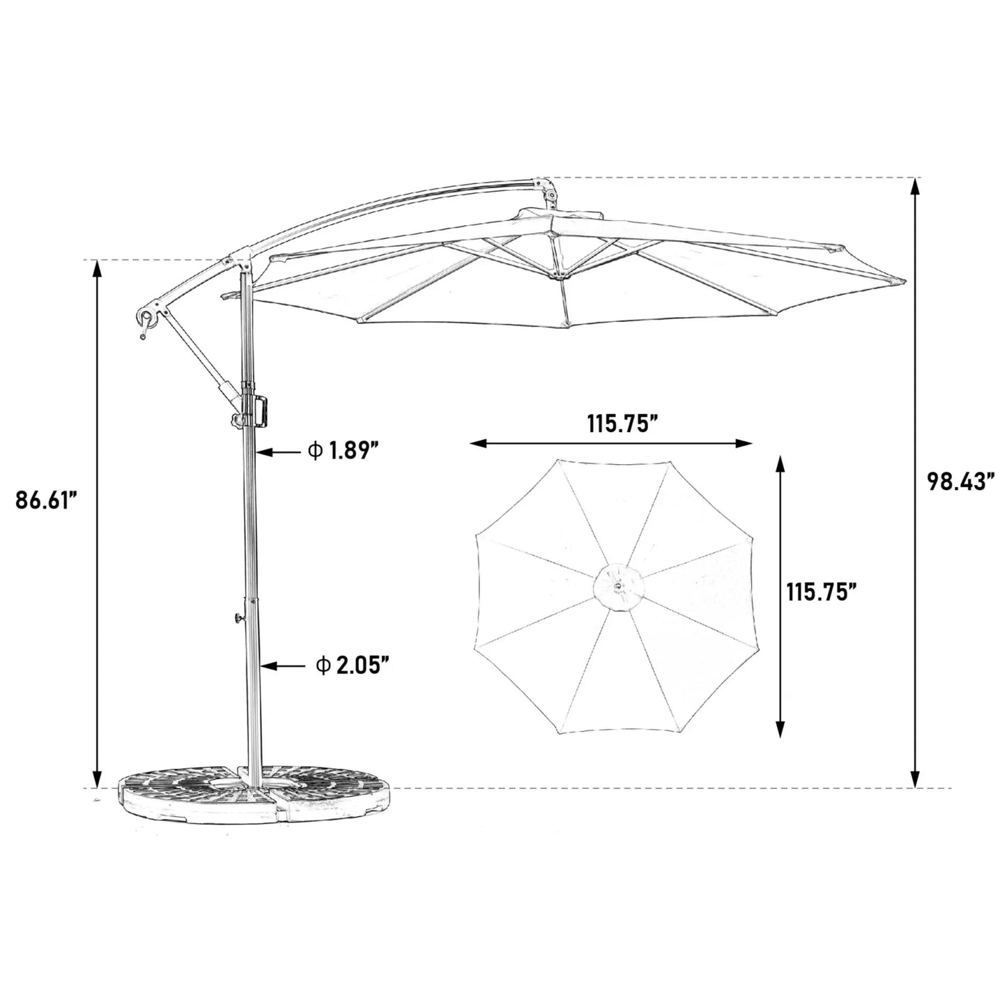 Zweefparasol – Hangparasol – Terrasparasol – Tuinparasol – Balkonparasol – UPF50+ Bescherming – Ø 2,6 Meter Diameter