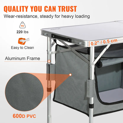 Foldable Camping Kitchen Table - Folding Table - Camping Table Foldable - Outdoor - Quick Set Up - Adjustable Height - Family Party - Lightweight - Space Saving - Silver