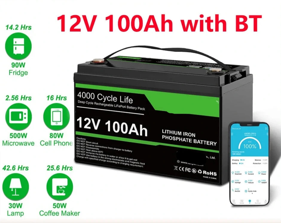 LiFePO4 Batterij – 12V Accu – Camper Accu – Zonne-energie Batterij – Energieopslag – 100Ah Capaciteit – IP65 Behuizing