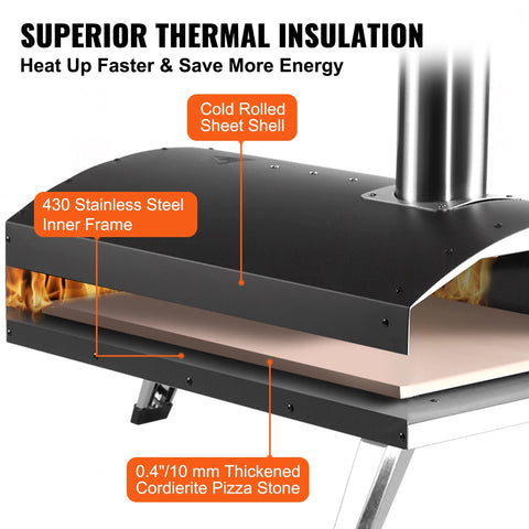 Vevor - Portable Pizza Oven - 540mm x 410mm - Gas Wood Pellet - Food Grade Stainless Steel - 101Lb Fuel Tray Capacity - Black