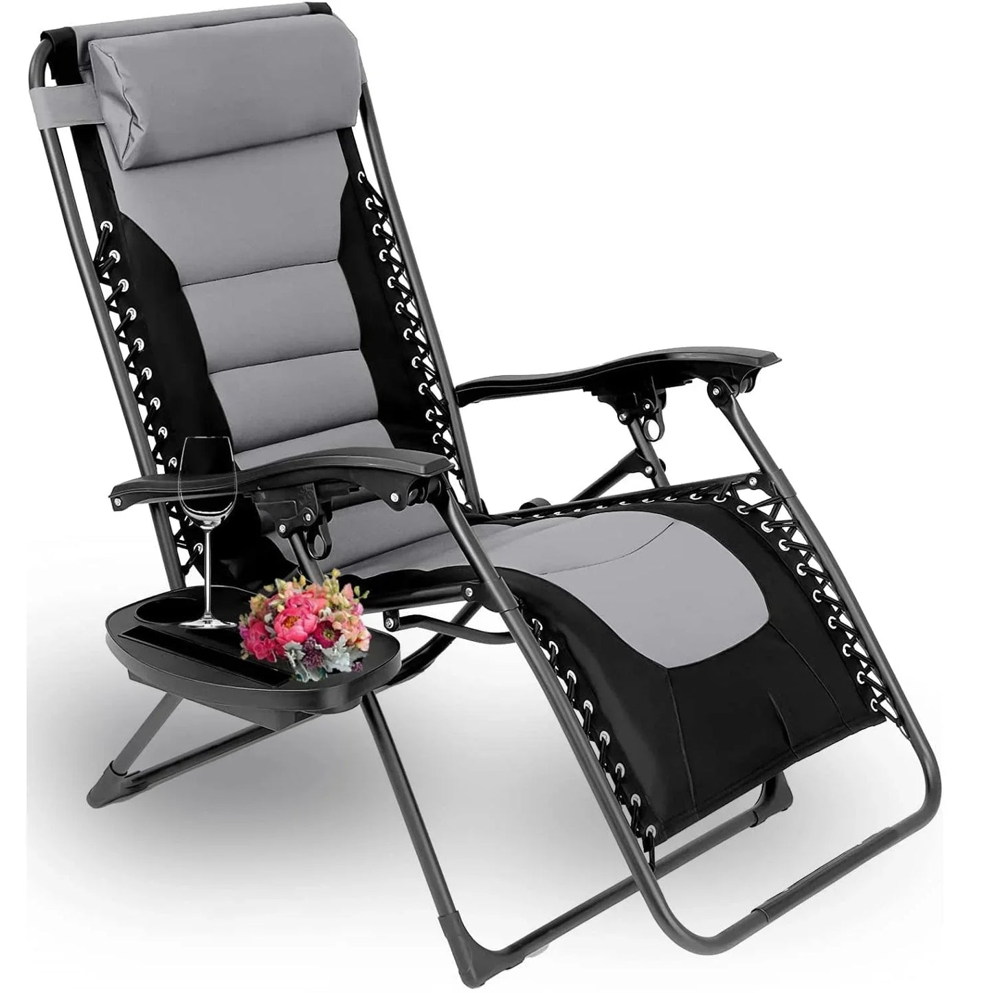 Verstelbare Ligbed met Kussen - Ligstoel - Tuinstoel - Campingstoel - Strandstoel - Lounger - Ondersteunt 160kg - Opvouwbaar - Padded Zero Gravity Lounge Stoelen - Set van 2 Ligstoelen - Grijs