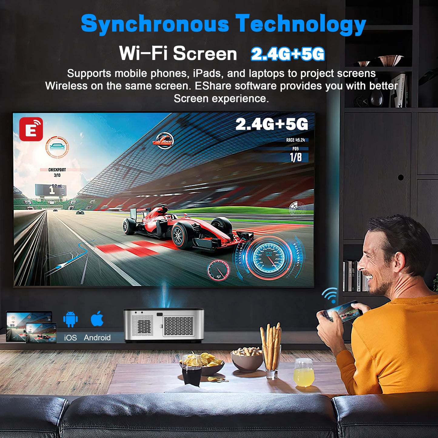 Mini Beamer - Projector - Digitale Beamer - Draagbaar - 1080P - LED - Met Autofocus - 26000LM - Android 4K Projector - 8K Video - HiFi Audio - 800 ANSI - 95W - 2.4/5GHz WiFi - Android 9.0 system - Zwart/Grijs