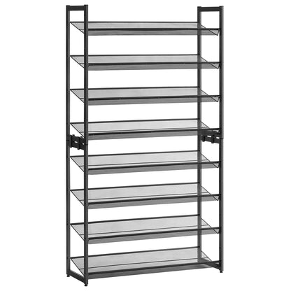 8 Tier Schoenenrek - Set van 2 Stapelbare -  4 Tier Schoen Organiser -  Metalen Schoenopbergers - Met Verstelbare Gaasplanken - Plat of Schuin Monteerbaar - Zwart - QUORE