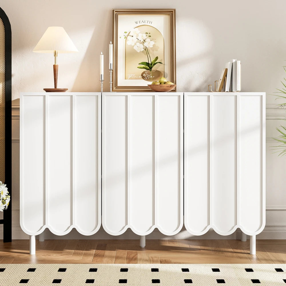 Modern Dressoir – Wit Dressoir – Sideboard – Opbergkast – Buffetkast – Handenvrij Met Golvende Deuren – Verstelbare Legplanken – Compact 120x35x80 cm