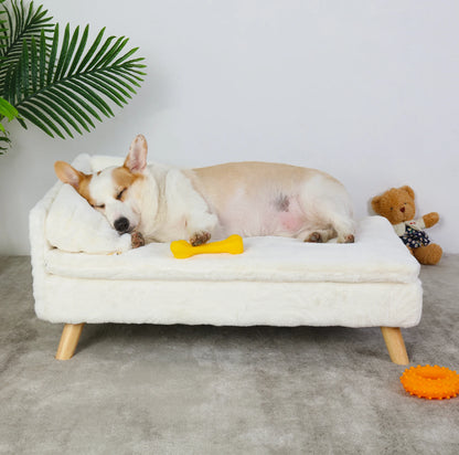 Hondenbed - Hondenbench - Hondensofa - Hondenmand - Verhoogd - met Houten Poten - Middelgrote L-vormige Honden- of Kattenbank met Zachte Kussen & Pluche Bekleding