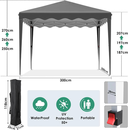 Partytent - Tent - Partytent Opvouwbaar - Pop up Tent - Pop-Up Partytent met Zijwanden - 3x3m - Verstelbare Hoogte, Ramen & Wieltas - Wit