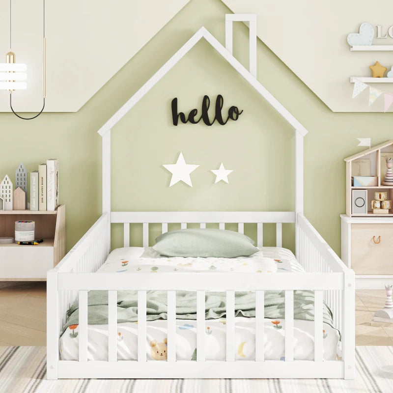 Kinderbed Tweepersoonsbed - Bed in Huis Design met Schoorsteen - Massief Houten - Bed met Lattenbodem -  140x200 cm  –  Wit
