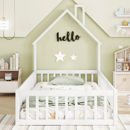 Kinderbed Tweepersoonsbed - Bed in Huis Design met Schoorsteen - Massief Houten - Bed met Lattenbodem -  90 x 200 cm  –  Wit