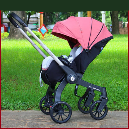 Wandelwagen - 4-in-1 Baby Stroller - Kinderwagen - Buggy - Opvouwbaar – Multifunctioneel – Autostoel - Pram - Lichtgewicht Reiswieg - Roze - QUORE