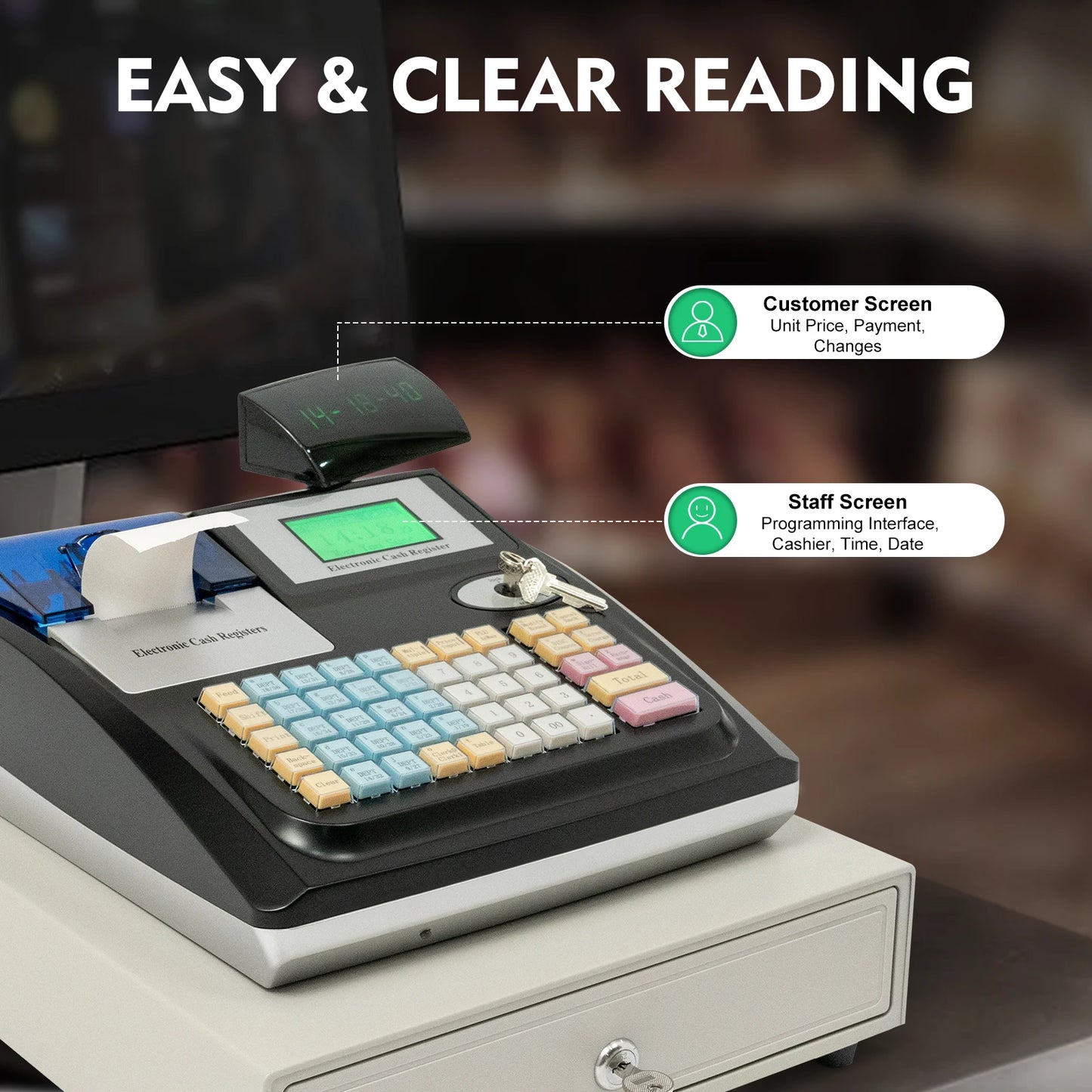Elektronisch Kassasysteem – Kassalade – Kassa Machine – Betaalsysteem – POS Systeem – 48 Toetsen – Dubbele LED-Display