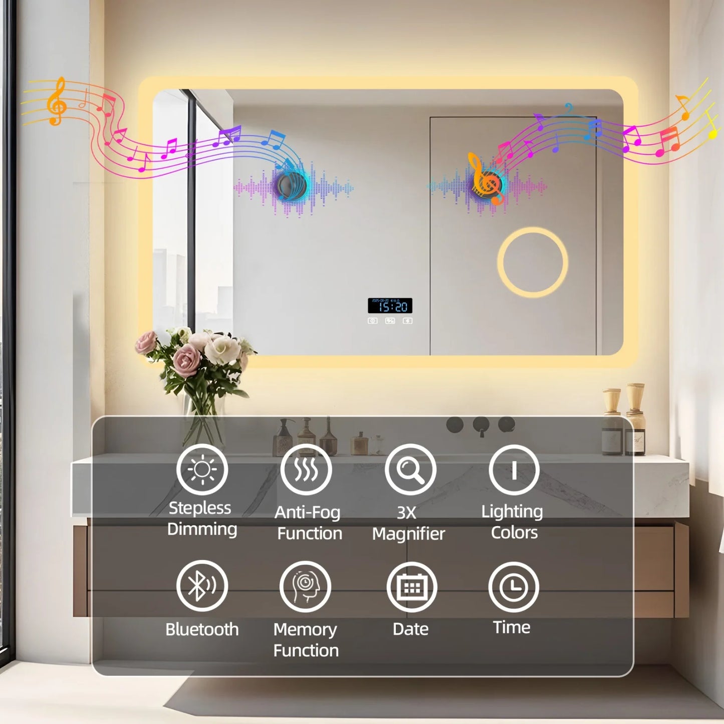 LED Badkamerspiegel – Spiegel – Make-up Spiegel – Verlichte Spiegel – Badkamer Spiegel – 80x60 cm – Bluetooth Speaker – Dimbare LED verlichting met 3x vergrootglas