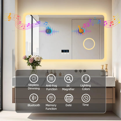 LED Badkamerspiegel – Badkamer Spiegel – Make-up Spiegel – Verlichte Spiegel – Bluetooth Spiegel – 120x70 cm – Dimbare LED Verlichting – 3x Vergrotingslens