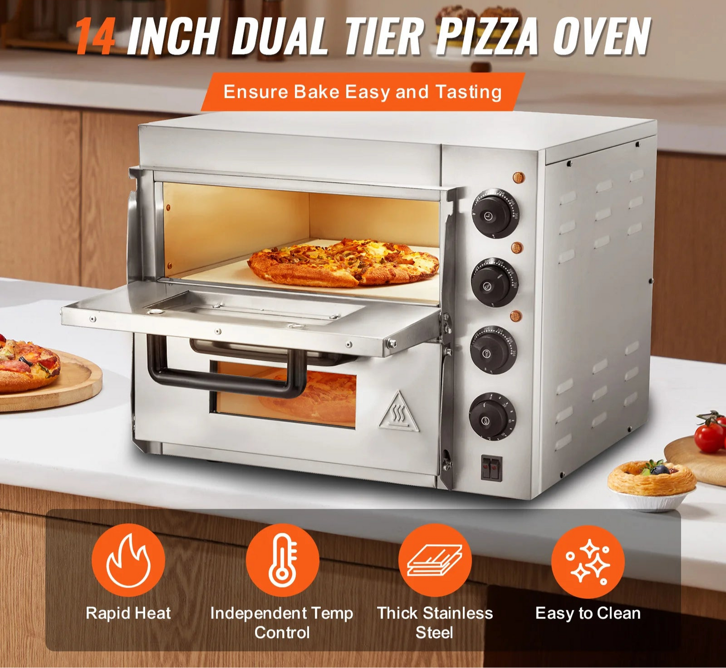 Pizzaoven - Elektrische Pizzaoven - Multifunctionele Pizzamaker - Dubbeldekslaag - met Steen - Handvat - 14inch - 52 x 43 x 43 cm - Zilver