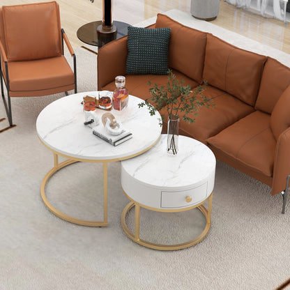 Nesting Salontafel Set – Ronde Bijzettafels – Coffee Table – Woonkamertafel – Hoogglans Marmerlook – Zwart – Ruimtebesparend Design – MDF Bladen