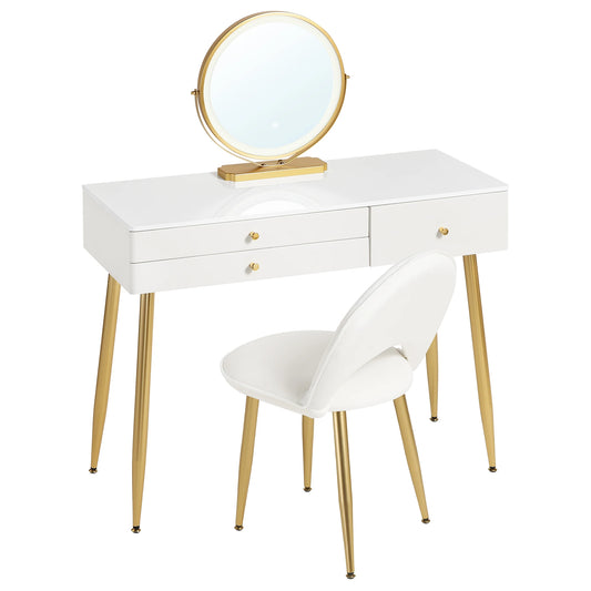 Kaptafel - Make-Up Tafel - Kaptafel Set met Verlichte Spiegel – Verstelbare LED – Make-up Tafel met 3 Lades - Fluwelen Stoel – Moderne Slaapkamermeubel - Tafel 100x40x122cm - Stoel 44x47x80cm - Wit - QUORE