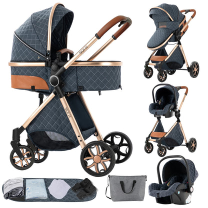 3 in 1 Baby Stroller with Car Seat Warm and Cozy Baby Pram High Landscape Infant Pushchair Lightweight Folding Travel Stroller