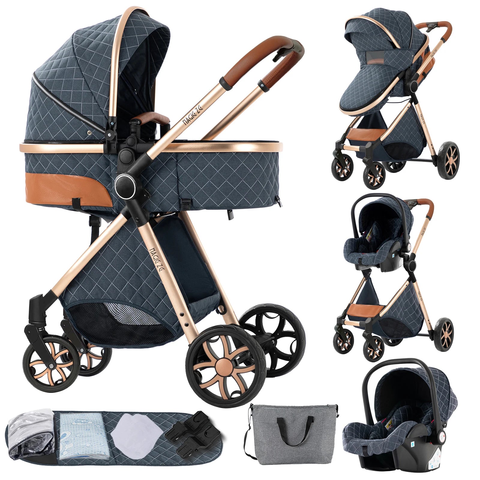 Portable 3 in 1 Baby Stroller with Bassinet and Car Seat Warm Baby Pram High Landscape Infant Pushchair Compact Folding Stroller - QUORE