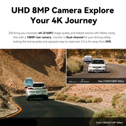 Dashcam voor Auto - Navigatiesysteem Auto - Voor & Achter Camera – 2160P + 1080P – 4K - GPS - WiFi - Nachtzicht - G-sensor - ADAS - Loop Recording