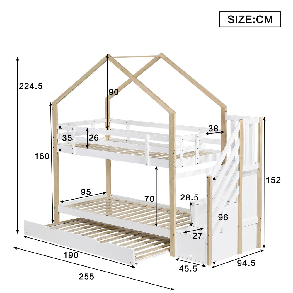 Hoogslaper Hout – Etagenbed – Kinderbed – Stapelbed – Uitschuifbed – Met Opbergruimte – Massief Mahoniehout – Geschikt Voor 3 Slaapplaatsen