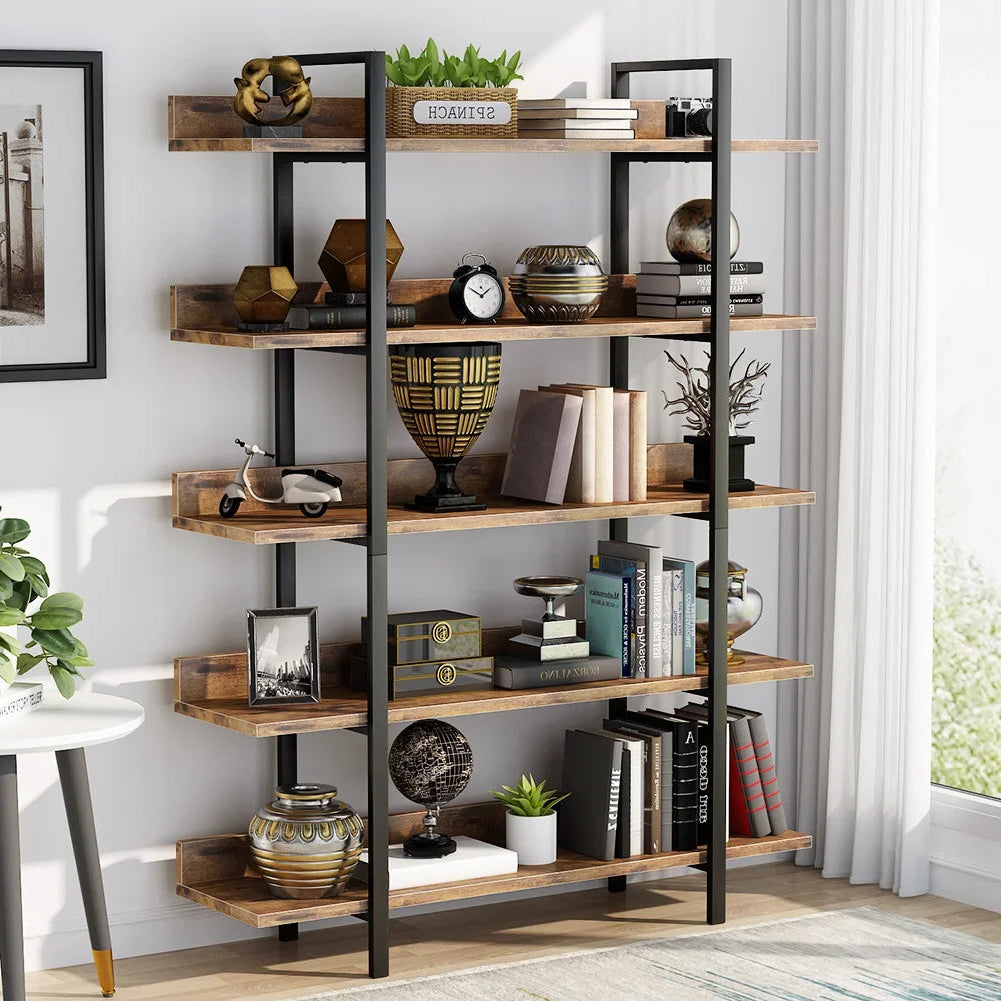 Boekenkast - Kast - Ladderkast - Wandkast - Industriële 5-Laags - met IJzeren Frame – Stabiele Opbergplank voor Boeken & Decor – Bruin - QUORE